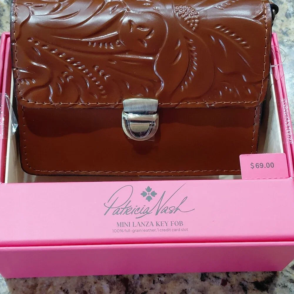 Patricia Nash Mini Lanza Leather Wallet Key Ring Tooled Floral NWT